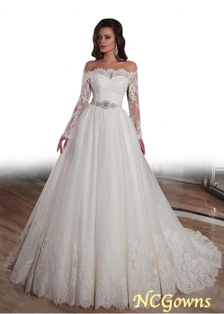 Off-The-Shoulder Cathedral 50-70Cm Along The Floor Train Long Natural Full Length Length Illusion Ball Gowns