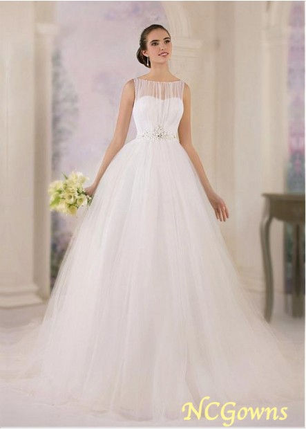 Ball Gown Sweep 15-30Cm Along The Floor Bateau Natural Waistline Tulle Sleeveless Wedding Dresses