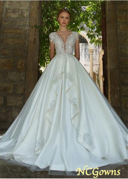 Cap Short Chapel 30-50Cm Along The Floor Train Tulle  Satin Fabric V-Neck Full Length Length Wedding Dresses