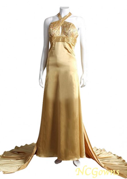Gold Color Family Halter Neckline Bias-Cut Skirt Type Evening Dresses