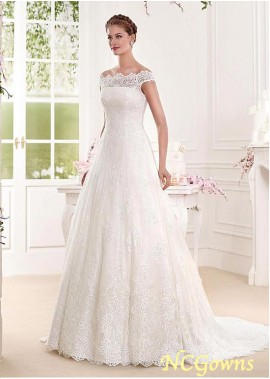 Natural A-Line Cap Tulle  Lace Fabric Off-The-Shoulder Short Sleeve Length Full Length Wedding Dresses