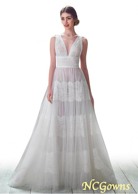 Tulle  Lace Full Length V-Neck Neckline Natural Wedding Dresses