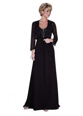 V-Neck Full Length A-Line Silhouette Chiffon Black Mother Dresses