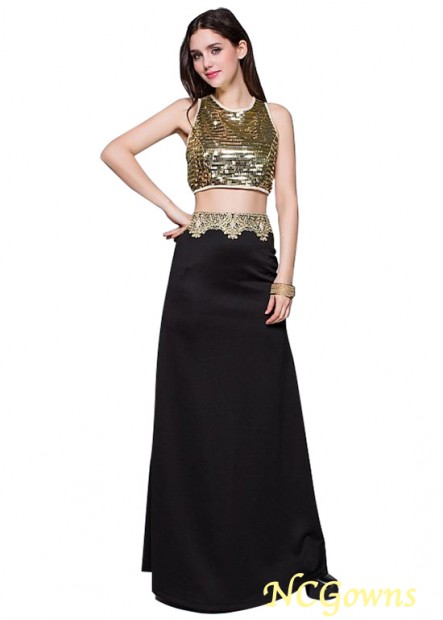 Jewel Sheath Column Floor-Length Sequin  Satin  Lace Black Dresses
