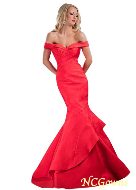 Mermaid Trumpet Floor-Length Hemline Red Tone Satin Off-The-Shoulder Evening Dresses T801525358660