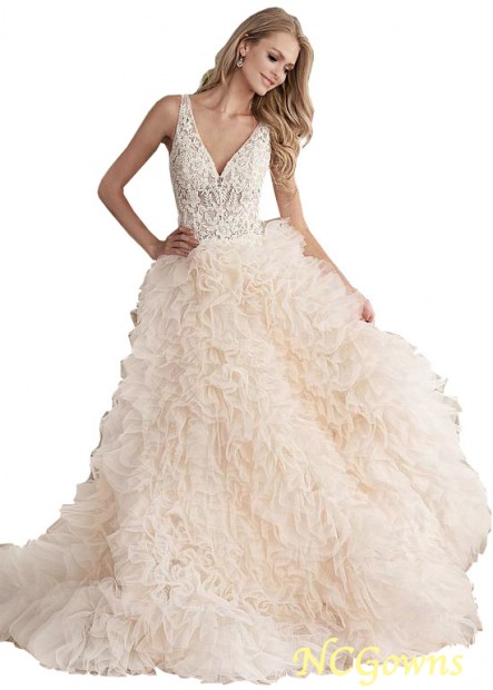 Ball Gown Natural Tulle Fabric V-Neck Champagne Dresses