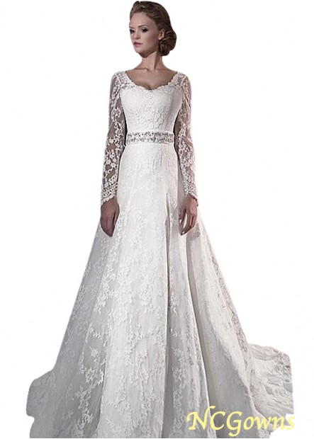 Ncgowns Full Length Length Lace  Tulle Long Illusion Sleeve Type A-Line Chapel 30-50Cm Along The Floor Wedding Dresses