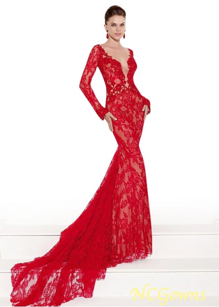 Ncgowns Floor-Length Red Tone Mermaid Trumpet Silhouette Train With Sleeves T801525359806