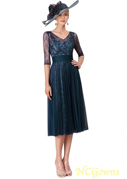 Tea-Length V-Neck Neckline A-Line Silhouette Tulle  Lace Fabric Illusion Short Dresses