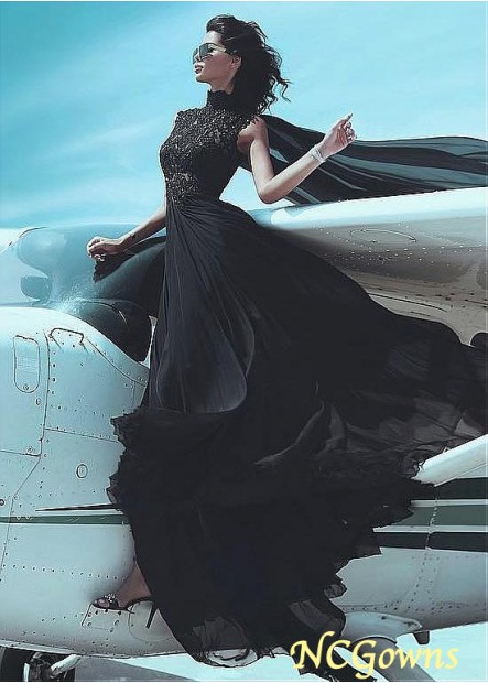 Chiffon Fabric Pleat Floor-Length Hemline Black Color Family High Collar Black Dresses
