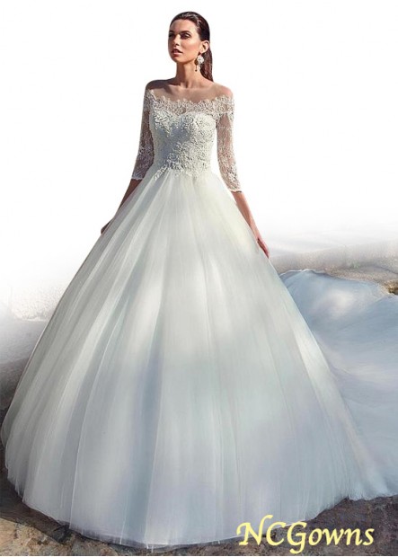 Full Length Length Natural Tulle  Lace 3 4-Length Sleeve Length A-Line Silhouette Wedding Dresses