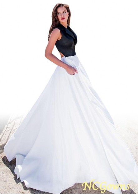 Ncgowns Satin Fabric V-Neck Neckline White A-Line Floor-Length Black And White Dresses