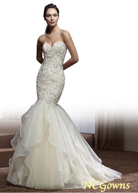 Cathedral 50-70Cm Along The Floor Train Tulle  Organza Fabric Natural Mermaid Trumpet Sweetheart Neckline