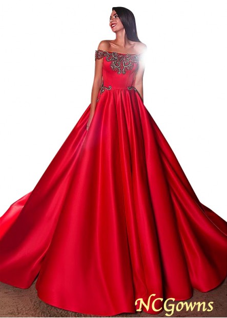 Satin Fabric Red Tone Cathedral 50-70Cm Along The Floor Off-The-Shoulder A-Line Silhouette Red Dresses