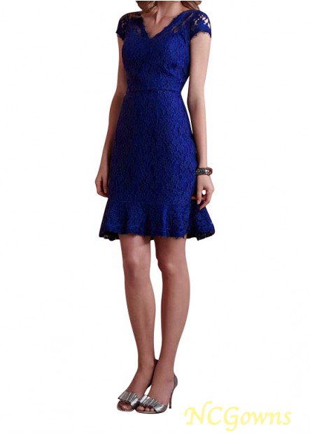 A-Line Over Lacesatin Short Mini Hemline V-Neck Royal Blue Dresses