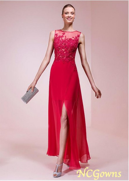 Floor-Length Tulle Slit Red Tone Color Family Jewel A-Line Silhouette Red Dresses