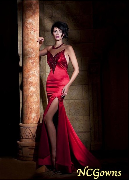 Floor-Length Stretch Satin Slit Jewel Sheath Column Red Dresses