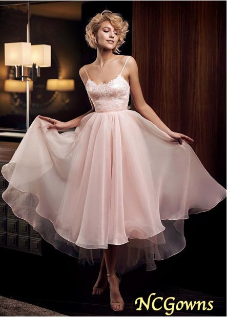 Spaghetti Straps Neckline Tulle  Satin Fabric Tea-Length Pink Special Occasion Dresses