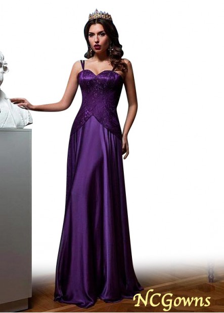 A-Line Silhouette Spaghetti Straps Floor-Length Lace  Satin Evening Dresses T801525359387