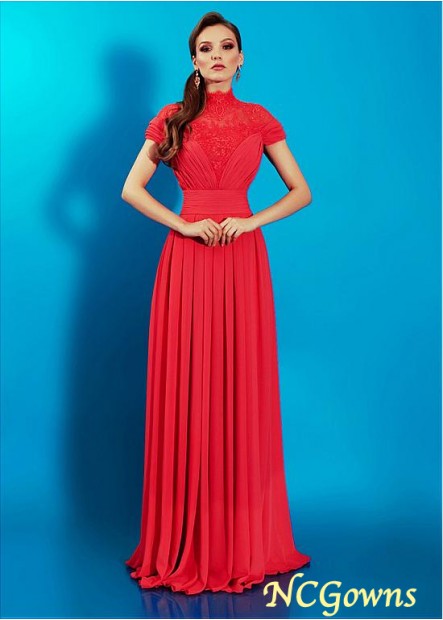 High Collar Red Tone A-Line Floor-Length Pleat Skirt Type Chiffon Fabric Red Dresses
