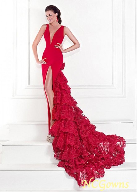 Ncgowns Floor-Length Slit V-Neck Neckline Satin  Tulle Red Dresses T801525409066