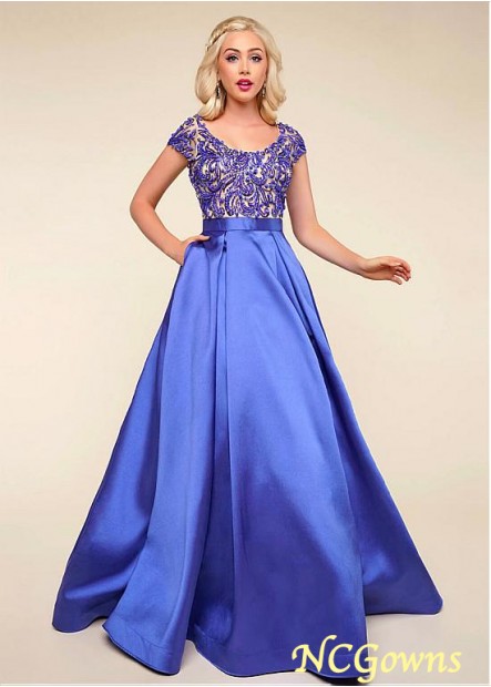 Floor-Length Satin Pleat Scoop Blue Tone Color Family Special Occasion Dresses
