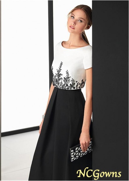 Satin Fabric Pleat Scoop Floor-Length Black And White Dresses