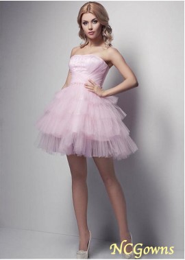 Short Mini A-Line Tulle  Tiered   Layers Skirt Type Strapless Pink Dresses