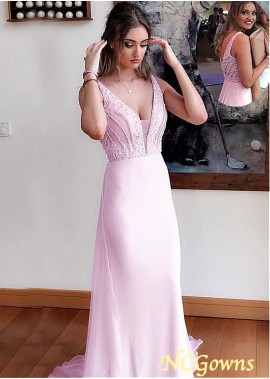 Straight Skirt Type Pink Sweep 15-30Cm Along The Floor Chiffon Fabric Sheath Column Silhouette V-Neck Special Occasion Dresses