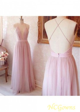 Tulle Floor-Length Spaghetti Straps Neckline Pleat Skirt Type Pink Dresses