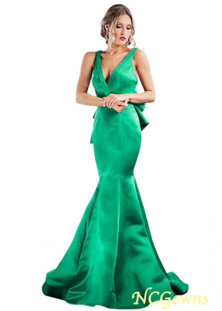 V-Neck Green Color Family Floor-Length Hemline Satin Fabric Fishtail Skirt Type Mermaid Trumpet Evening Dresses
