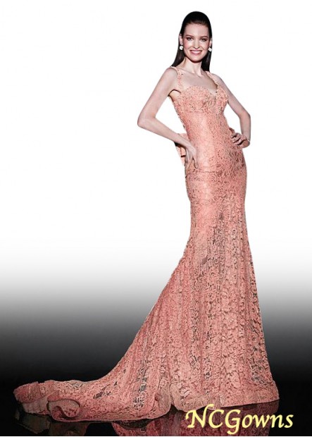 Spaghetti Straps Lace  Stretch Satin Fabric Mermaid Trumpet Pink Dresses