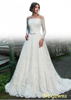 Illusion Sleeve Type Lace  Tulle Fabric Natural Off-The-Shoulder A-Line Chapel 30-50Cm Along The Floor Wedding Dresses