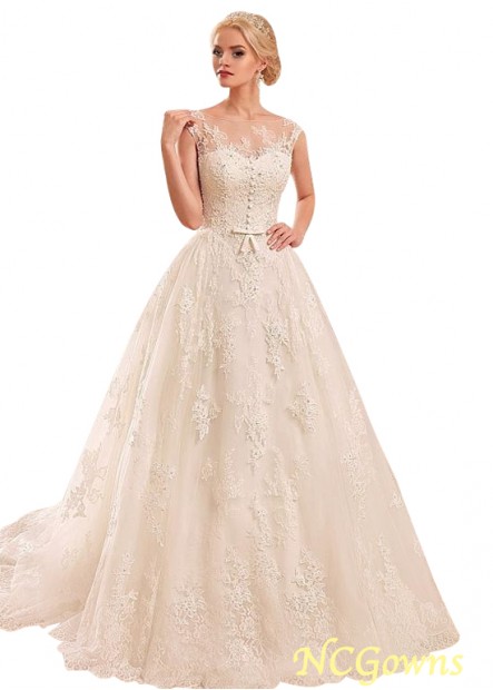 Natural Tulle  Satin Queen Anne Neckline Full Length Cap A-Line Lace Wedding Dresses