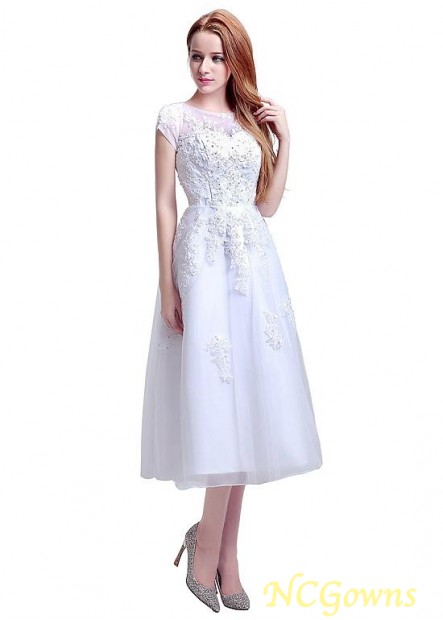 A-Line Jewel Cap Sleeve Type Tea-Length Length Wedding Dresses