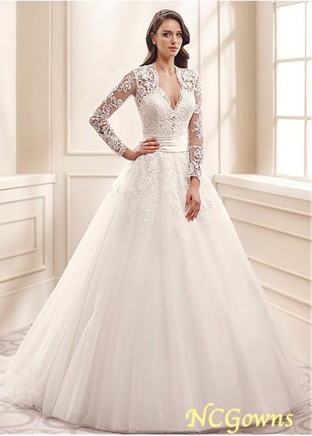 Tulle Fabric V-Neck A-Line Illusion Sleeve Type Full Length Natural Waistline Long Wedding Dresses T801525334988