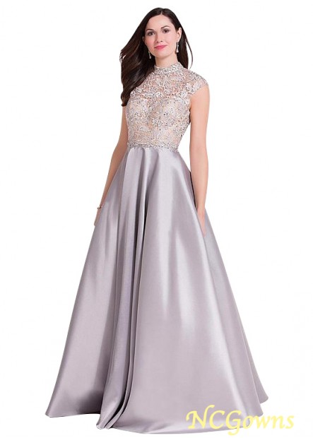 Silver A-Line Silhouette Lace  Satin Fabric Full Length Length High Collar Neckline Cap Mother Of The Bride Dresses