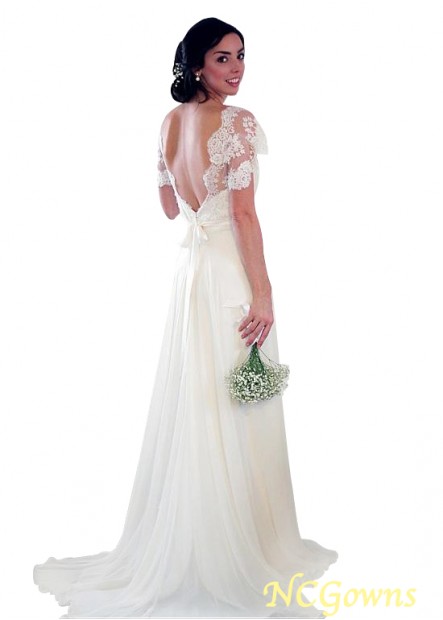 Full Length Short A-Line Silhouette Sweep 15-30Cm Along The Floor Natural V-Neck Tulle  Chiffon Wedding Dresses T801525325028