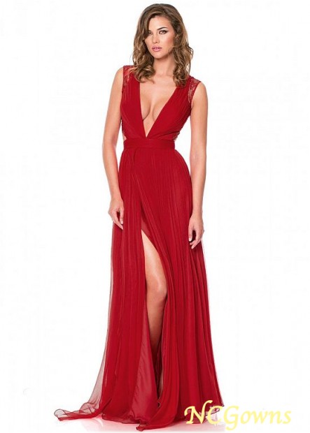 A-Line Silk Like Chiffon  Lace Fabric Slit Skirt Type Floor-Length Red Dresses