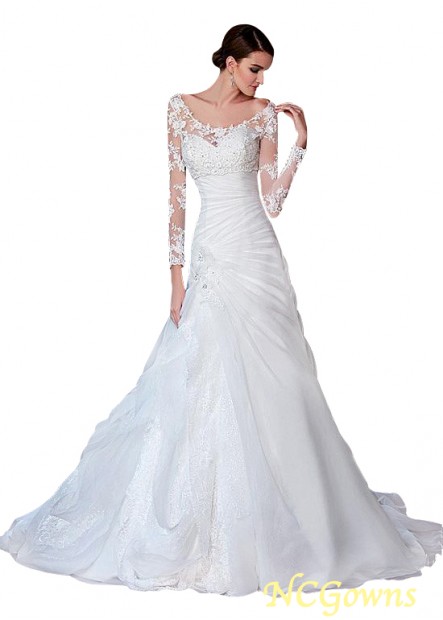 Ncgowns Chapel 30-50Cm Along The Floor Scoop Neckline Organza Satin  Lace Fabric Sheath Column Silhouette With Sleeves