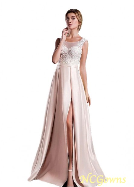 Pink Color Family Satin Pleat Scoop Floor-Length Pink Dresses