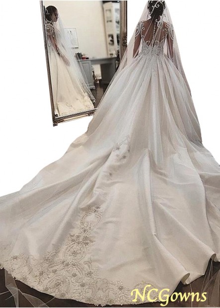 Tulle  Satin Illusion Long Sleeve Length Royal Monarch 70Cm Along The Floor Train Wedding Dresses