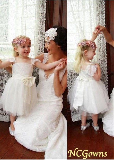 A-Line Silhouette Tulle  Lace White Color Family Flower Girl Dresses