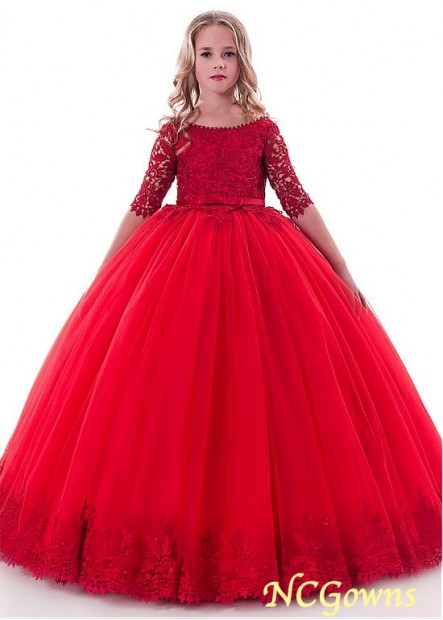 Ball Gown Red Tone Floor-Length Tulle  Lace Flower Girl Dresses T801525393601