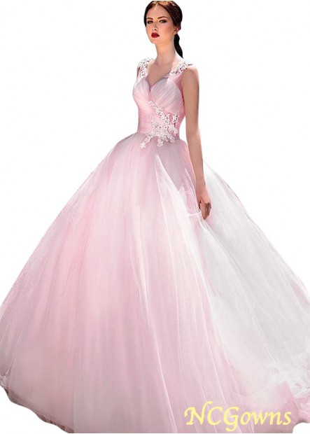 Tulle Fabric Natural V-Neck Sleeveless Ball Gown Wedding Dresses