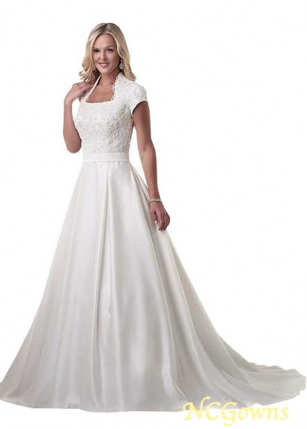 Satin Fabric Natural Full Length Length Short Sleeve Length Queen Anne A-Line Silhouette Plus Size Wedding Dresses