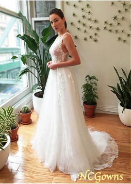 Natural Sweep 15-30Cm Along The Floor Tulle Fabric A-Line Full Length Wedding Dresses T801525387661