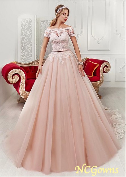 Ncgowns Chapel 30-50Cm Along The Floor Train Short Sleeve Length Tulle  Satin Natural Waistline Lace Wedding Dresses