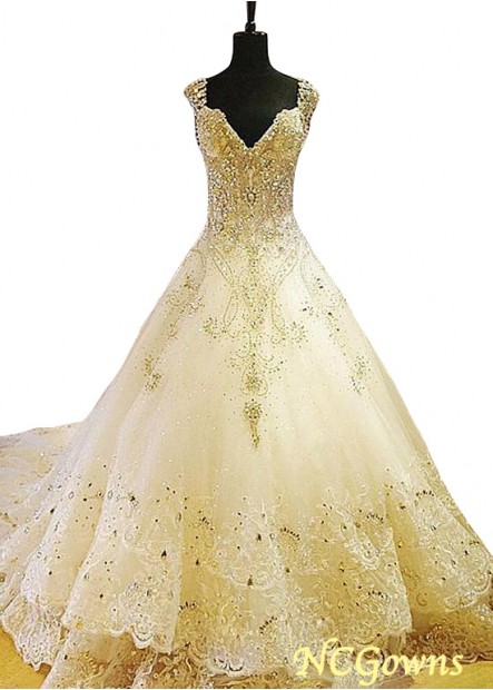 Natural Waistline Tulle Fabric Ball Gown Silhouette Cap Sleeve Type Full Length Length V-Neck Wedding Dresses