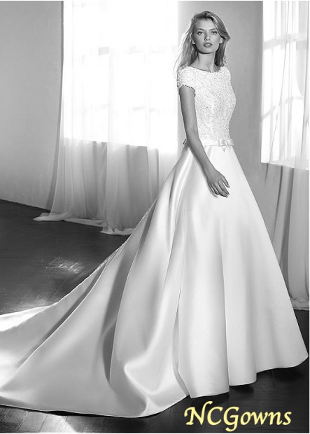 A-Line Silhouette Dropped Waistline Full Length Length Jewel Cathedral 50-70Cm Along The Floor Train Tulle  Satin Wedding Dresses